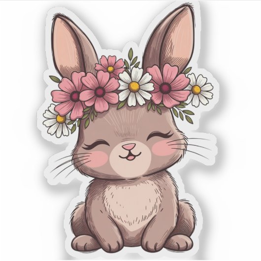 Cute Kawaii Bunny With Pink Flower Crown Sticker - シール (正面)