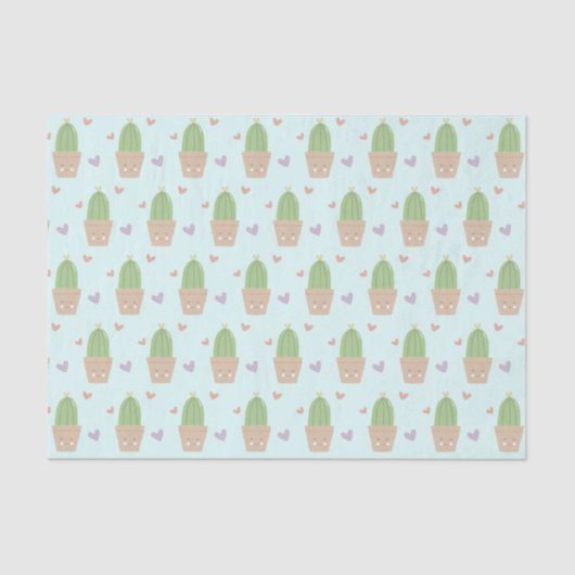 Cute Kawaii Cactus and Hearts Pattern 薄葉紙 (正面)