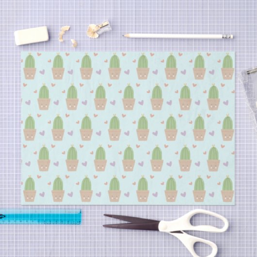 Cute Kawaii Cactus and Hearts Pattern 薄葉紙 (クラフト)