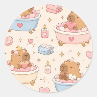 Cute Kawaii Capybara Heart Bath Pattern ラウンドシール