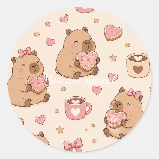Cute Kawaii Capybara Heart Cookie Pattern ラウンドシール (正面)