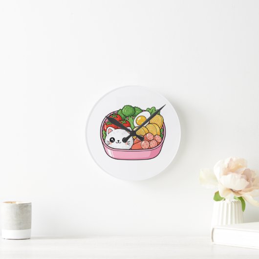 Cute Kawaii Cat Bento Box ラウンド壁時計 (ホーム)