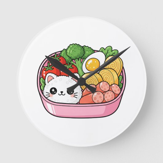 Cute Kawaii Cat Bento Box ラウンド壁時計 (正面)