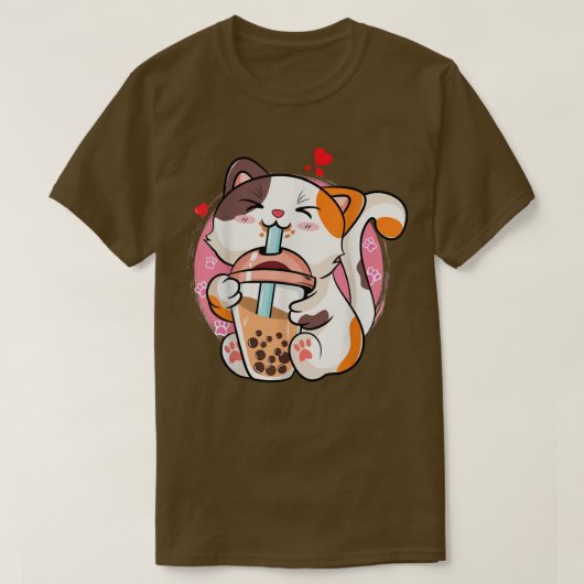 Cute Kawaii Cat Boba Bubble Milk Tea Anime Neko Ki Tシャツ (デザイン正面)