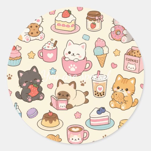Cute Kawaii Cat Café Pattern | Coffee and Dessert ラウンドシール (正面)