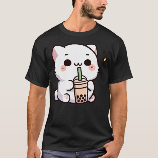 Cute Kawaii Cat Drinking Boba Tea Tシャツ (正面)