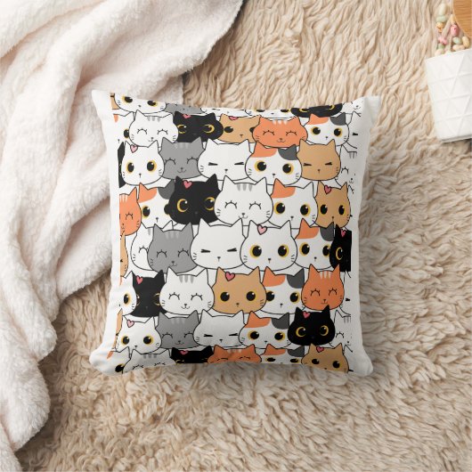 Cute Kawaii Cat Faces Pattern  クッション (ブランケット)