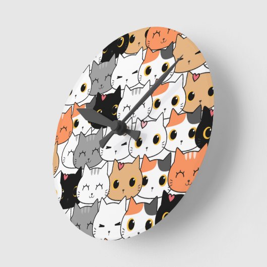 Cute Kawaii Cat Faces Pattern  ラウンド壁時計 (傾斜)