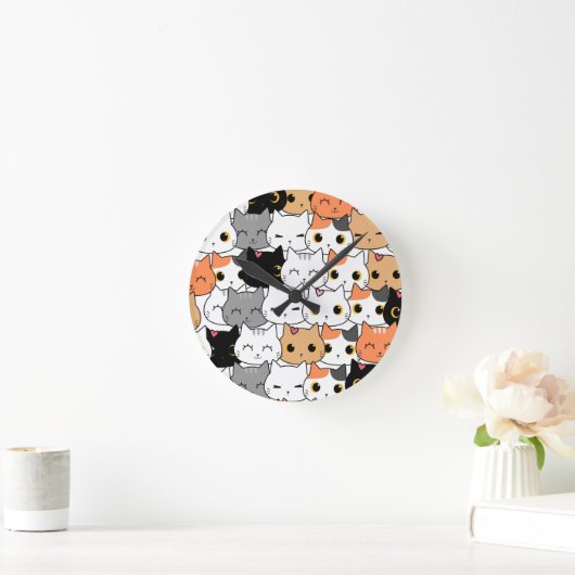 Cute Kawaii Cat Faces Pattern  ラウンド壁時計 (ホーム)
