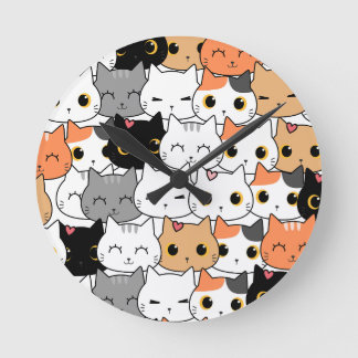 Cute Kawaii Cat Faces Pattern  ラウンド壁時計
