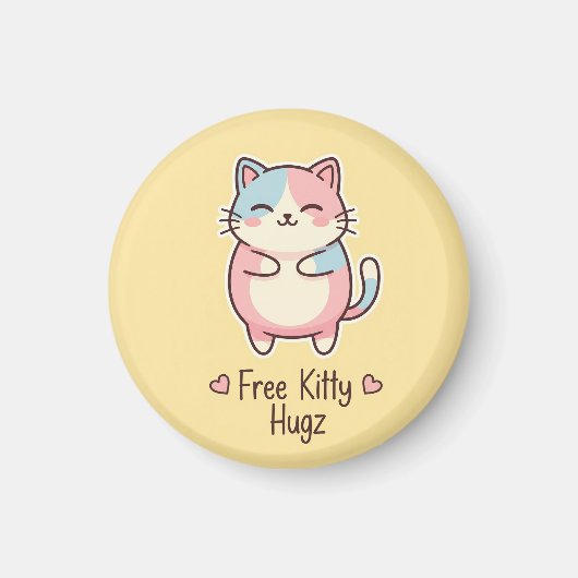 Cute Kawaii Cat "Free Pup Hugz" Quirky Pastel Magn マグネット (正面)