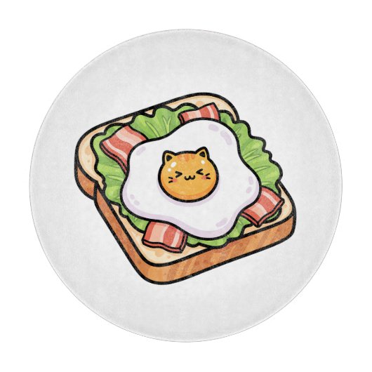 Cute Kawaii Cat Fried Egg on Toast Illustration カッティングボード (正面)