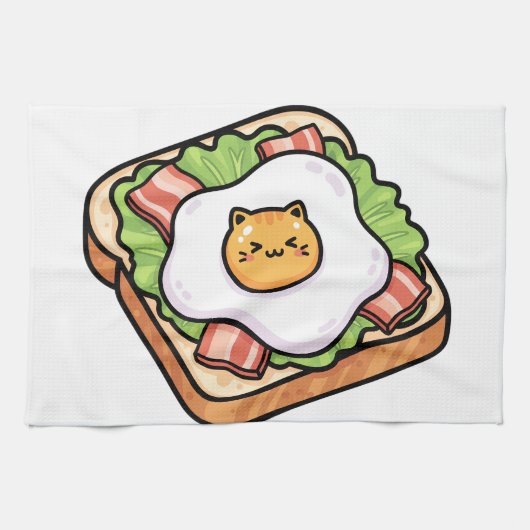 Cute Kawaii Cat Fried Egg on Toast Illustration キッチンタオル (横)