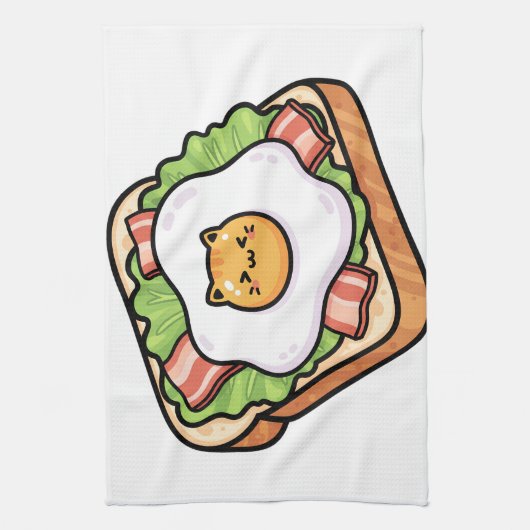 Cute Kawaii Cat Fried Egg on Toast Illustration キッチンタオル (縦)
