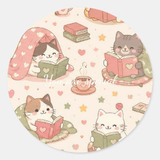 Cute Kawaii Cat Heart Book Pattern ラウンドシール