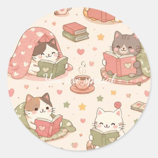 Cute Kawaii Cat Heart Book Pattern ラウンドシール (正面)