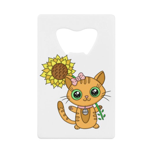 Cute Kawaii Cat Holding Flower クレジットカード栓抜き (正面)