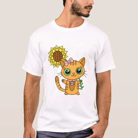 Cute Kawaii Cat Holding Flower Tシャツ (正面)