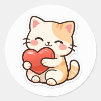 Cute Kawaii Cat Holding Heart – Adorable Love  ラウンドシール