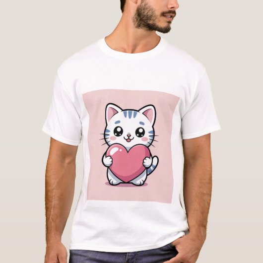 Cute Kawaii Cat Hugging Giant Pink Heart Sticker ✨ Tシャツ (正面)