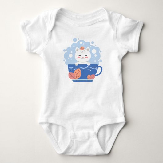 Cute Kawaii Cat in a Blue Teacup Baby Bodysuit ベビーボディスーツ (正面)