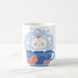 Cute Kawaii Cat in a Blue Teacup Coffee Mug コーヒーマグカップ