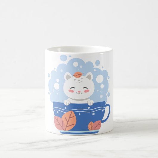 Cute Kawaii Cat in a Blue Teacup Coffee Mug コーヒーマグカップ (中央)