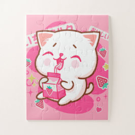 Cute Kawaii Cat Japanese Strawberry Milk ジグソーパズル