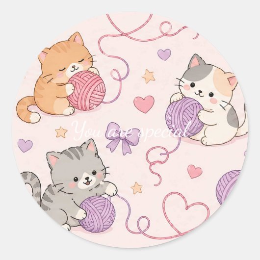 Cute Kawaii Cat Love Yarn Pattern ラウンドシール (正面)