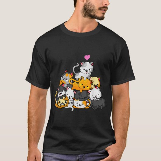 Cute Kawaii Cat Pile Cartoon Design Tシャツ (正面)