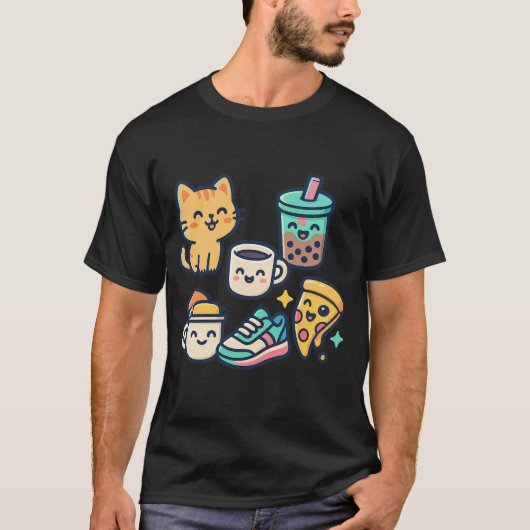 Cute Kawaii Cat, Pizza, Bubble Tea & Coffee – Fun  Tシャツ (正面)