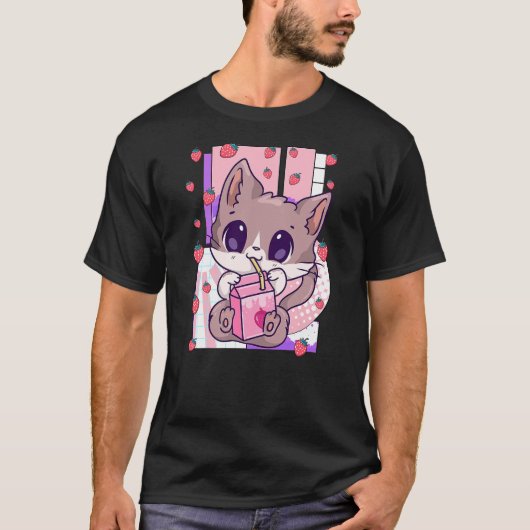 Cute Kawaii Cat Strawberry Milk Anime Neko Shake Tシャツ (正面)