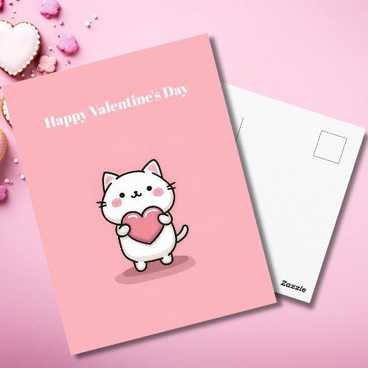 Cute Kawaii Cat with Heart Valentine`s Day Card  ポストカード