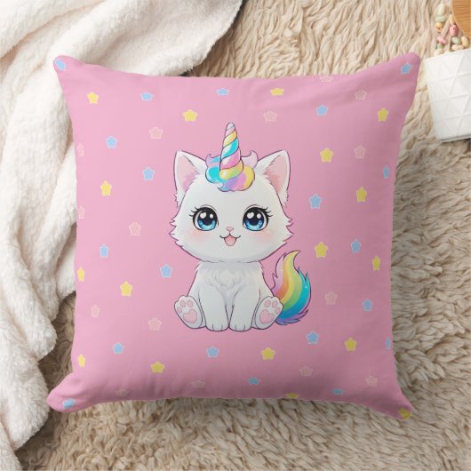Cute Kawaii Caticorn Throw Pillow クッション (ブランケット)