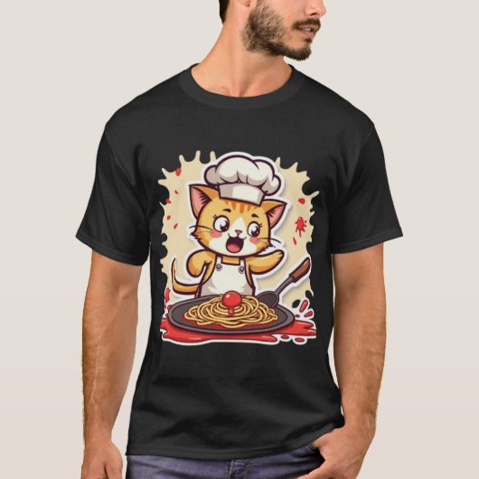 Cute Kawaii Chef Cat Cooking Spaghetti Pasta Tシャツ (正面)