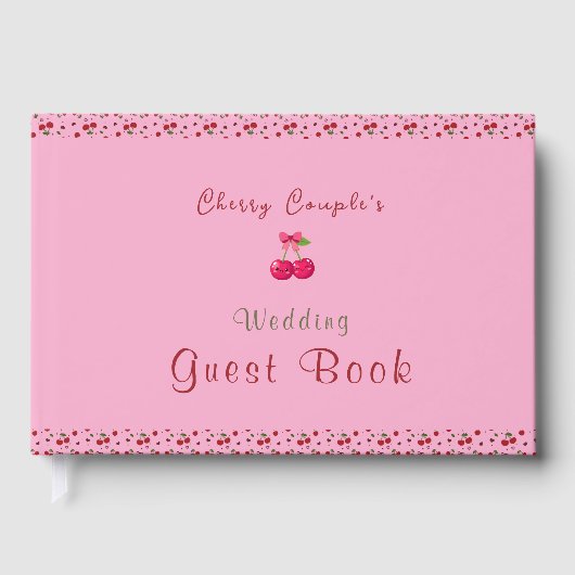 Cute Kawaii Cherry Couple Pink & Red Wedding ゲストブック (正面)