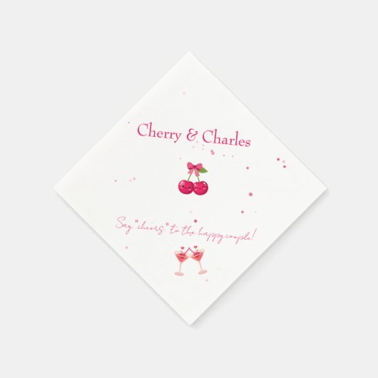 Cute Kawaii Cherry Couple Pink & Red Wedding スタンダードカクテルナプキン (角)
