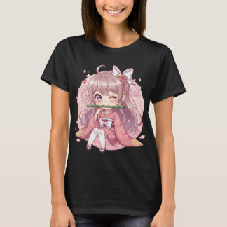 Cute Kawaii Chibi Girl in Pink Kimono with Cherry  Tシャツ