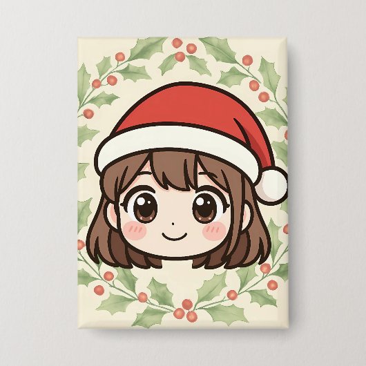 Cute Kawaii Christmas Anime Girl Button  缶バッジ (正面)