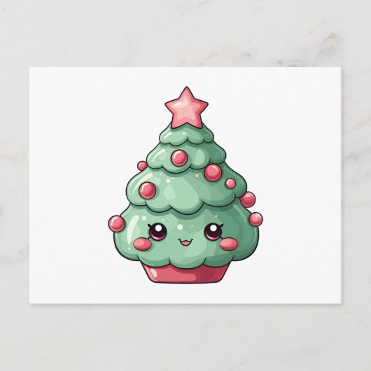 Cute Kawaii Christmas Tree with Smiling Face シーズンポストカード (正面)