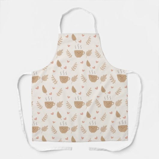 Cute Kawaii Coffee and Leaves Autumn Pattern エプロン (正面)