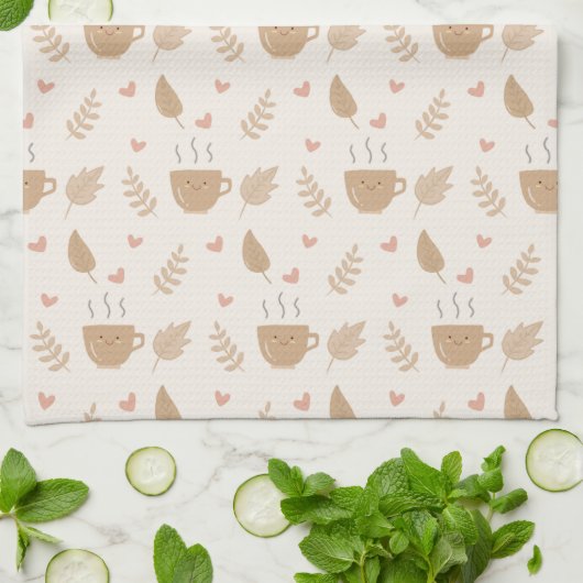Cute Kawaii Coffee and Leaves Autumn Pattern キッチンタオル (折り畳み)