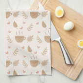 Cute Kawaii Coffee and Leaves Autumn Pattern キッチンタオル (四つ折り)