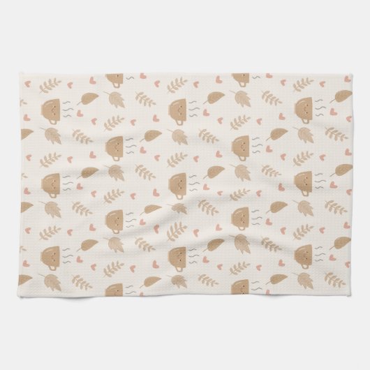 Cute Kawaii Coffee and Leaves Autumn Pattern キッチンタオル (横)
