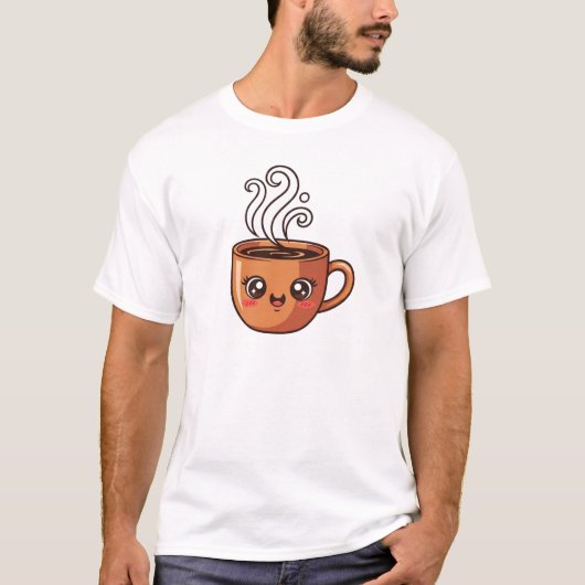 Cute Kawaii Coffee Mug Face T-Shirt | Happy Coffee Tシャツ (正面)