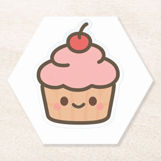Cute Kawaii Cupcake with Cherry – Happy Face Carto ペーパーコースター (正面)