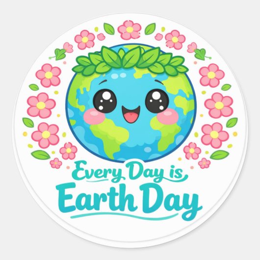 Cute Kawaii Earth Day Round Sticker ラウンドシール (正面)