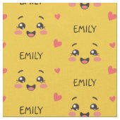 Cute Kawaii Face Custom Name Yellow Cotton Fabric ファブリック (クローズアップ)