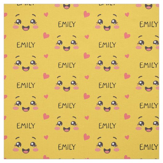 Cute Kawaii Face Custom Name Yellow Cotton Fabric ファブリック (見本)
