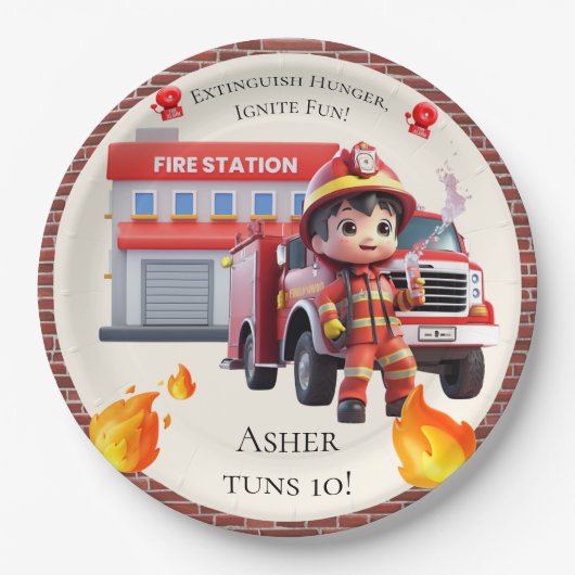 Cute Kawaii Firefighter Boy and Fire Truck ペーパープレート (正面)